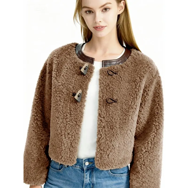 Butang Togol Crewneck blok warna Poket Jaket Sherpa