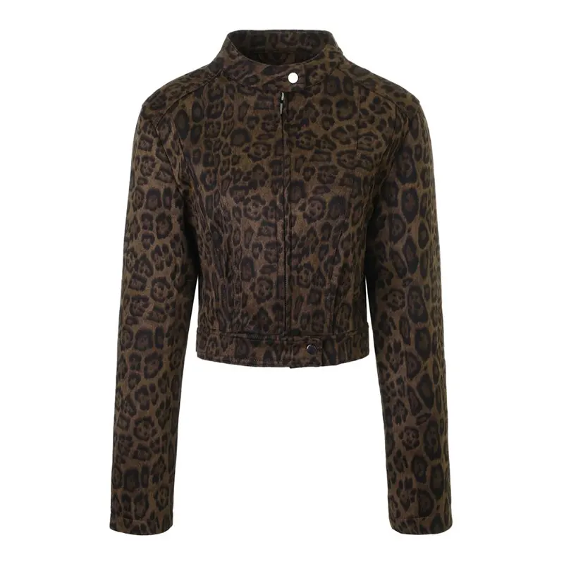 Jaket Cropped Leopard Print Suede Crewneck
