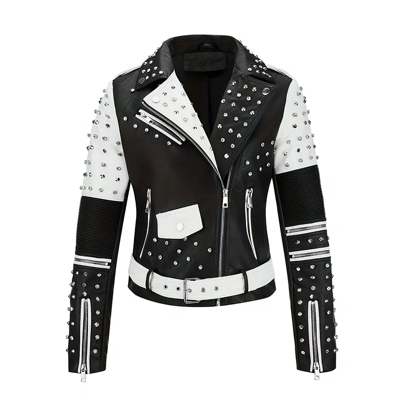 Jaket Bikers Kulit Tiruan Bersulam dengan Stud