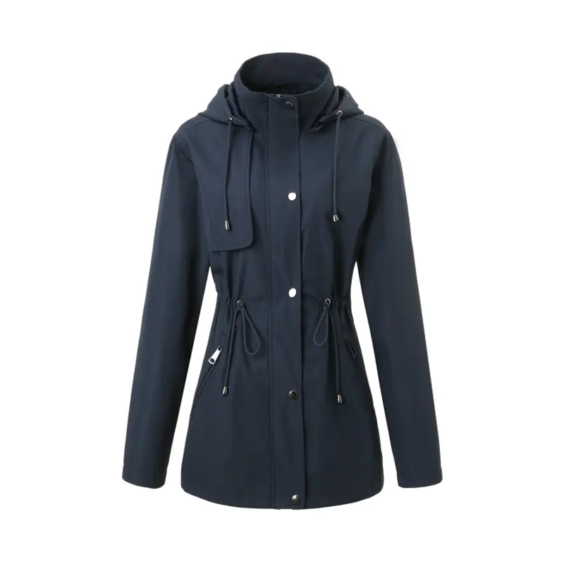 Jaket Windbreaker Bertudung dengan Pinggang Serut