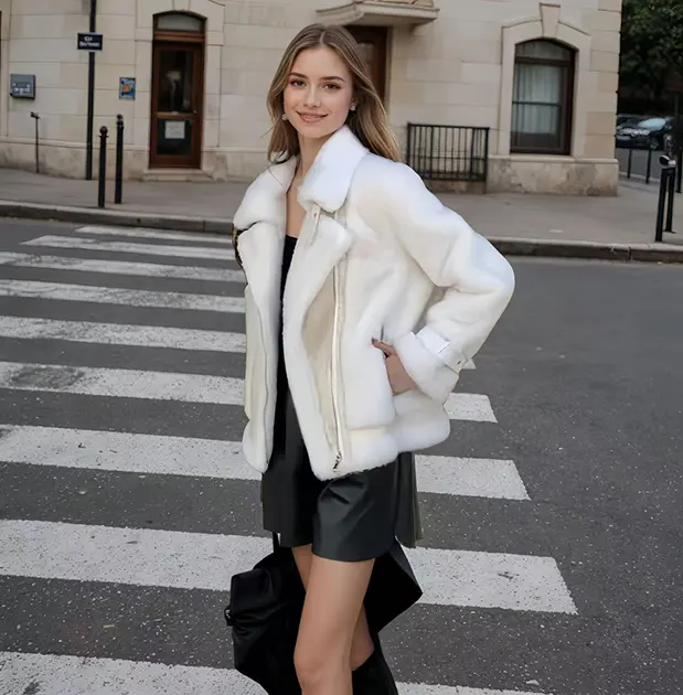 Color-block Convertible Collar Faux Fur Coat
