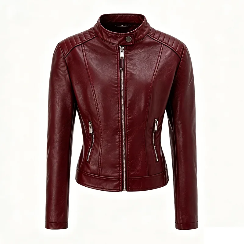 Quilted Shoulder Faux Leather Jacket with Stand Collar