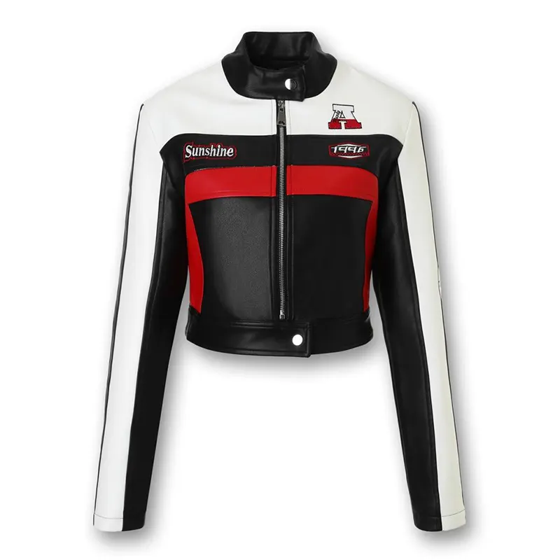 Jaket Bikers Kulit Tiruan Warna Kontras Merah