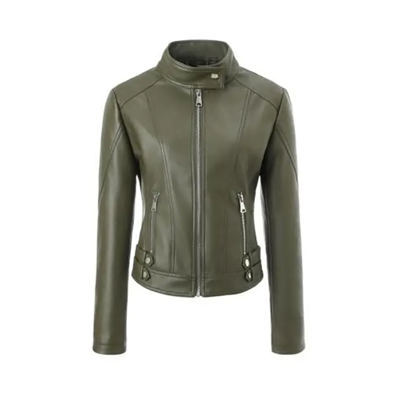 Jaket Moto Kulit PU Sporty dengan Kolar Berdiri