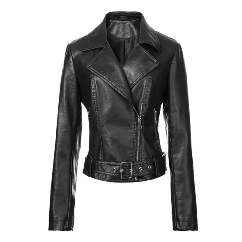 Jaket Bikers Kulit Tiruan Vintage dengan Tali Pinggang